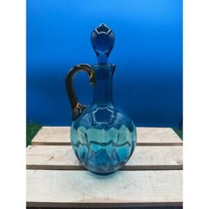 Blenko Style Mid-Century Blue Art Glass Decanter with Amber Handle - 8” Tall